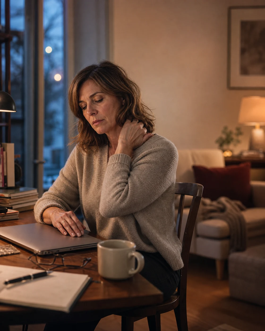 Woman rubbing her neck after closing her laptop at the end of the day