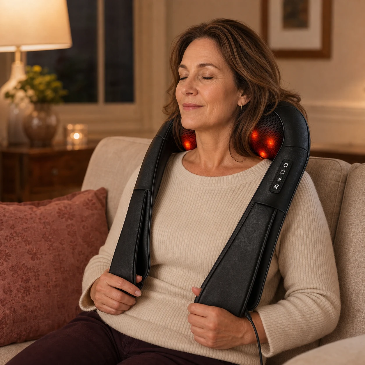 Woman wearing the Knead Pro at true scale around her neck and shoulders